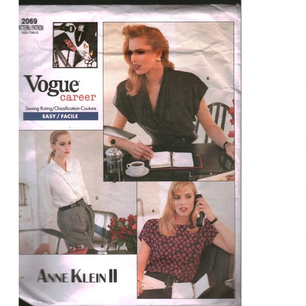 Vogue Career 2069 Anne Klein II Sewing Pattern Misses Blouse Size 6 8 Vintage